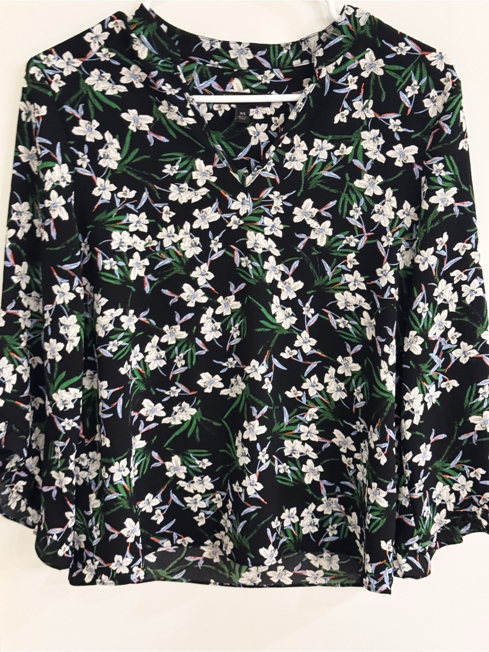 Banana Republic Black Floral Top with White & Green Accents